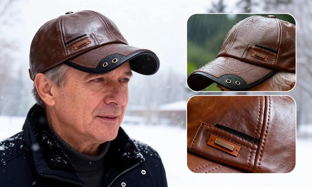 WarmGuard Cap stylish baseball cap design worn in an outdoor winter setting