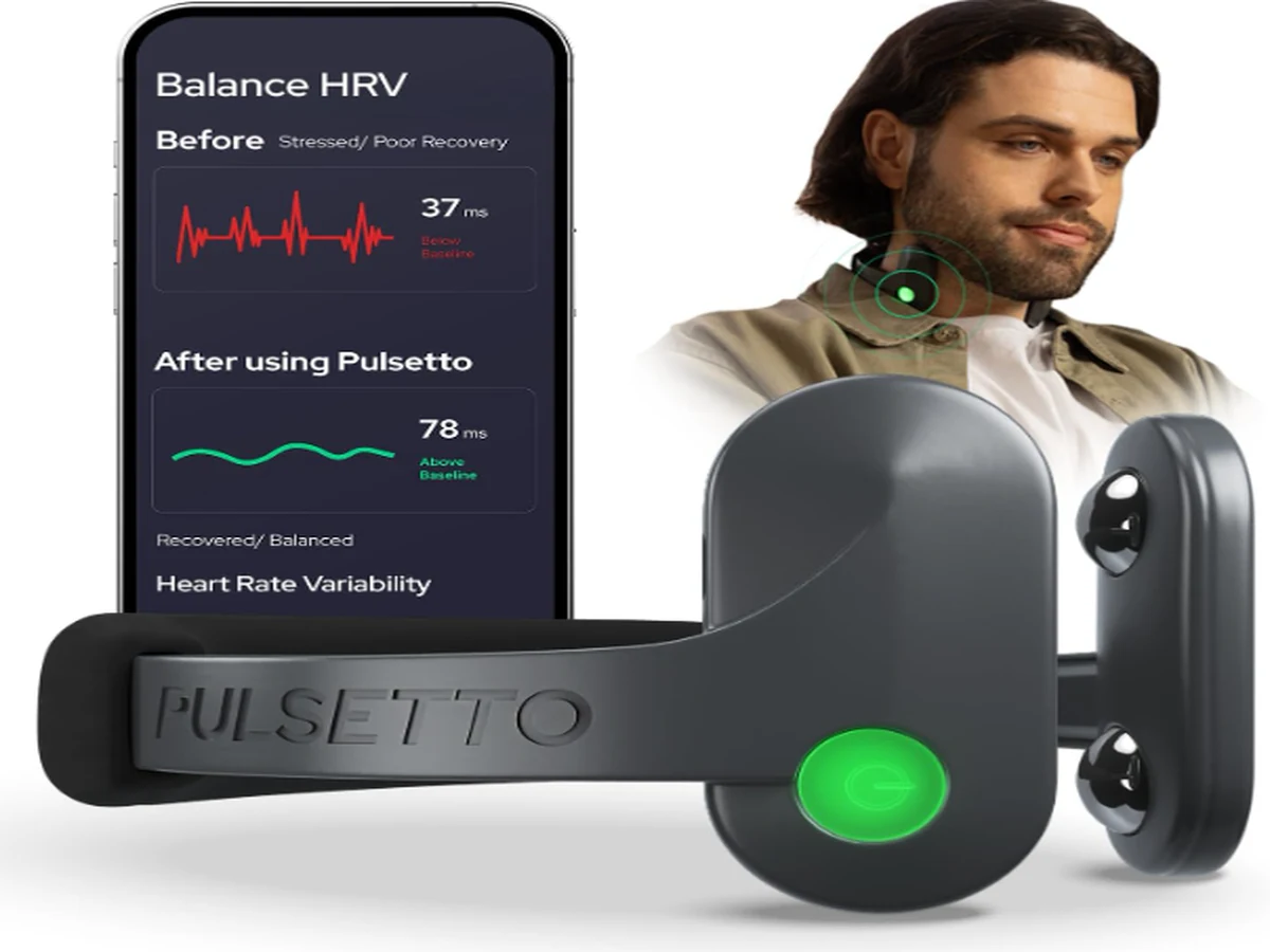 Pulsetto wearable shown with a smartphone app interface displaying session data