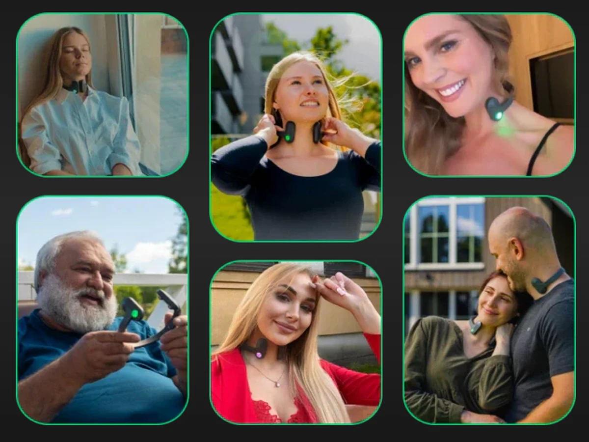 Collage of different people wearing a neck-mounted wearable device in everyday settings