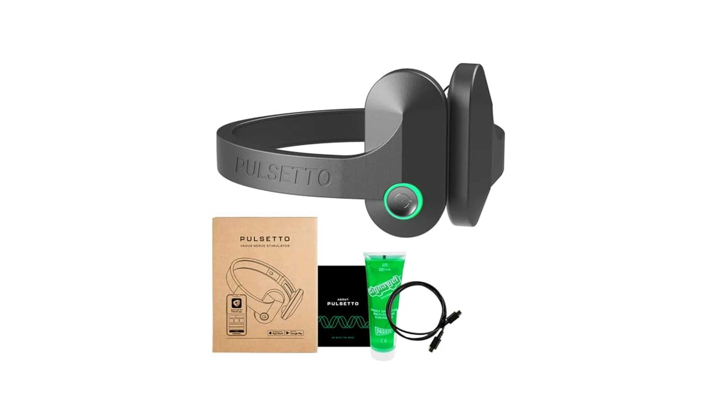 Pulsetto neck-worn wearable device with accessories displayed on a light background